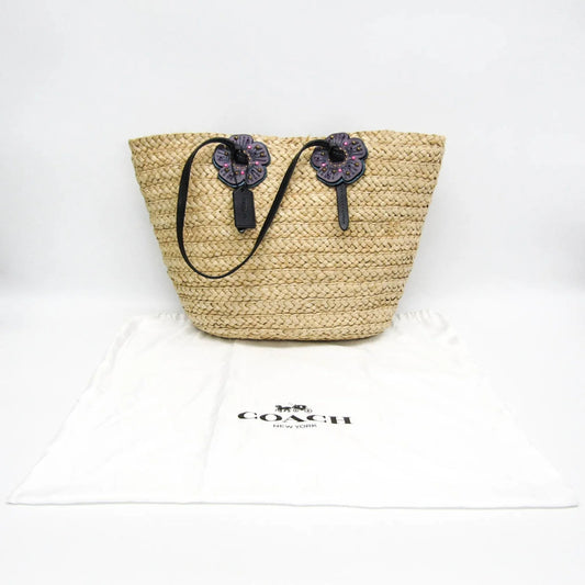Coach Borsa tote da donna in pelle e paglia intrecciata Coach con motivo Tea Rose, beige e viola