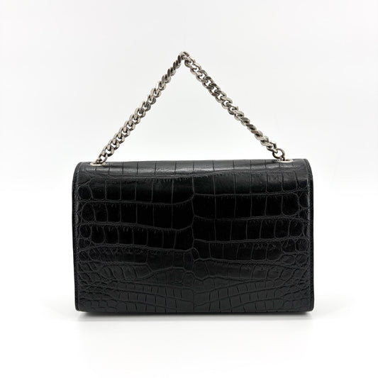 Saint Laurent Kate Medium Croc-Embossed Shoulder Bag Black Silver Hardware