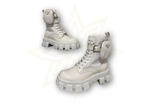 Prada Monolith Combat Boots in Pelle Bianca con Mini Pouch – Dust Bag e Box Originale