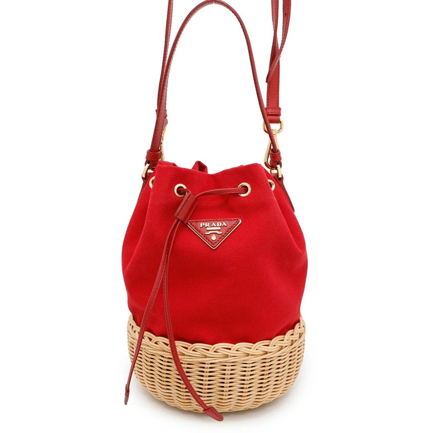 Borsa Prada bucket in tela rossa e rattan intrecciato