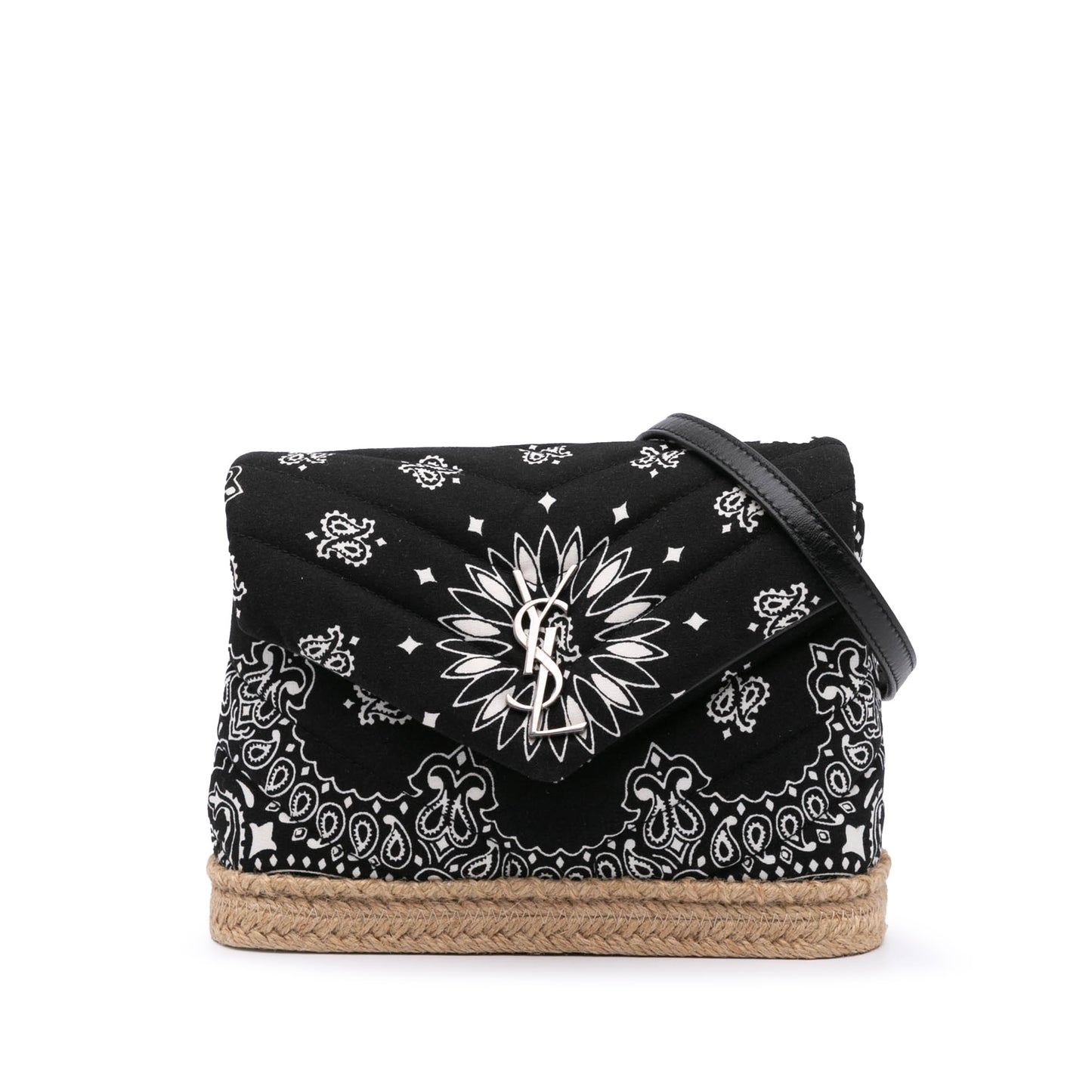Saint Laurent Loulou Toy Bandana in cotone nero e rafia naturale