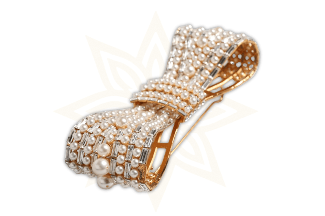 Spilla Dolce & Gabbana con Fiocco in Ottone Dorato, Cristalli e Perle Sintetiche - Etoilux