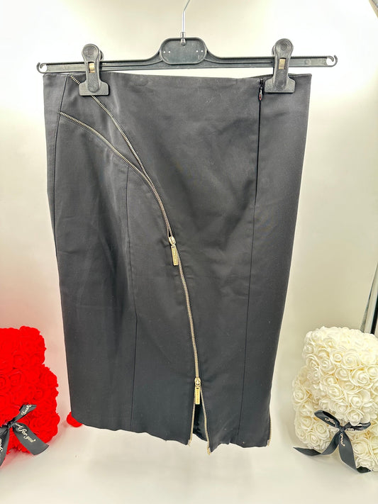 Elisabetta Franchi Gonna Midi Asimmetrica Nera con Zip Oro – Size 40 - Etoilux