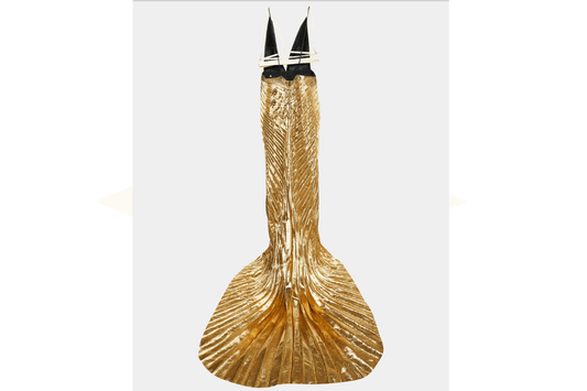 Gucci Abito da sera Gucci in raso di seta e lamé plissettato color oro metallizzato con dettagli a imbracatura L - Etoilux