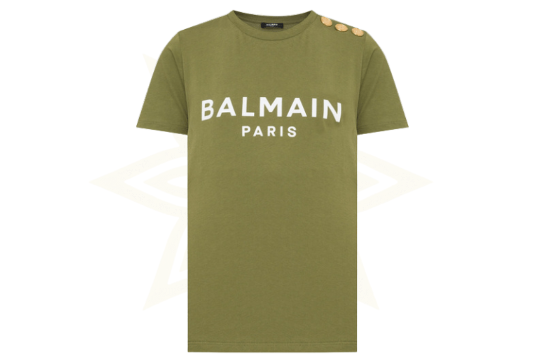 T-shirt Balmain Paris in cotone verde con bottoni dorati – Nuova con etichette - Etoilux