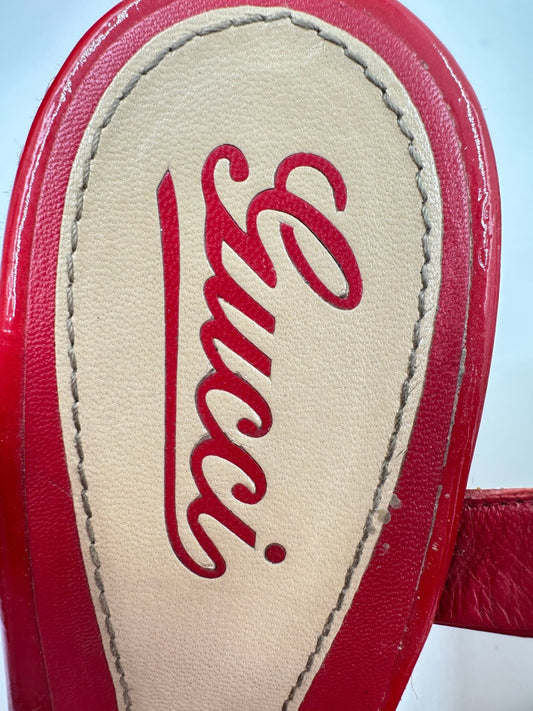 Gucci Penelope Sandalo Espadrille Zeppa Micro Guccissima Patent Leather Rosso – Size 39 - Etoilux