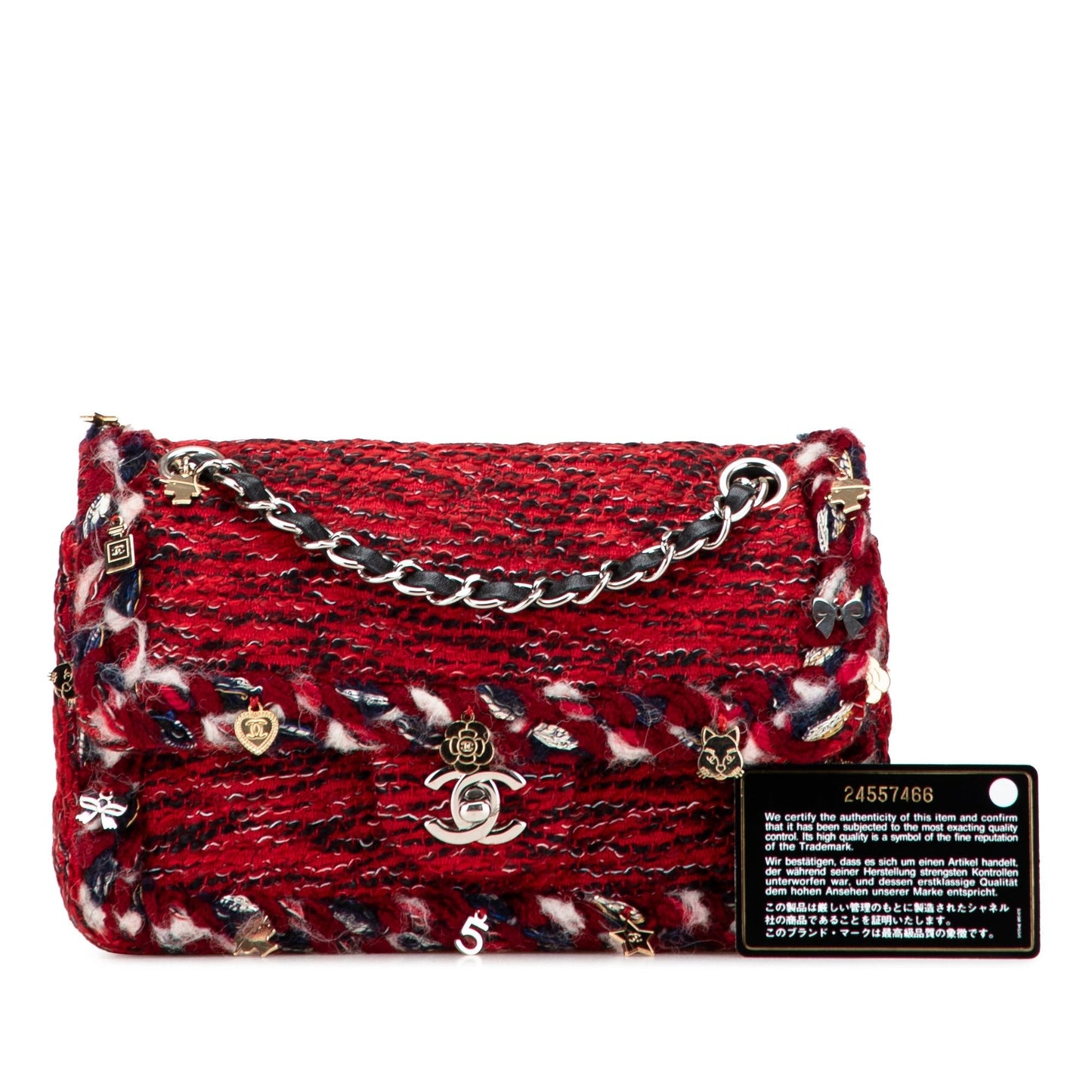 Chanel – Flap Bag Tweed Rosso con Charm Metallici – 2017/18 - Etoilux
