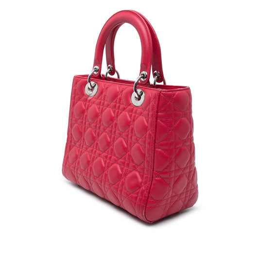 Christian Dior Lady Dior Medium Pelle di Agnello Rossa Hardware Argento — 23,5 cm - Etoilux