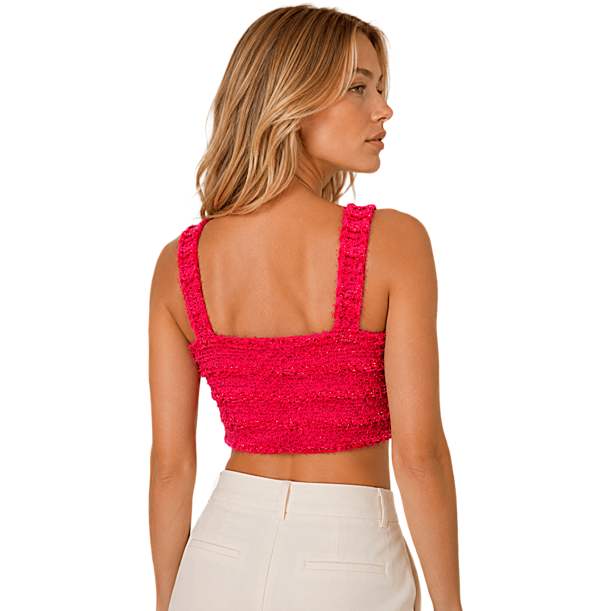 Balmain Top Crop Tweed Bouclé Rosso Fucsia con Zip e Bottoni Gold — Nuovo - Etoilux