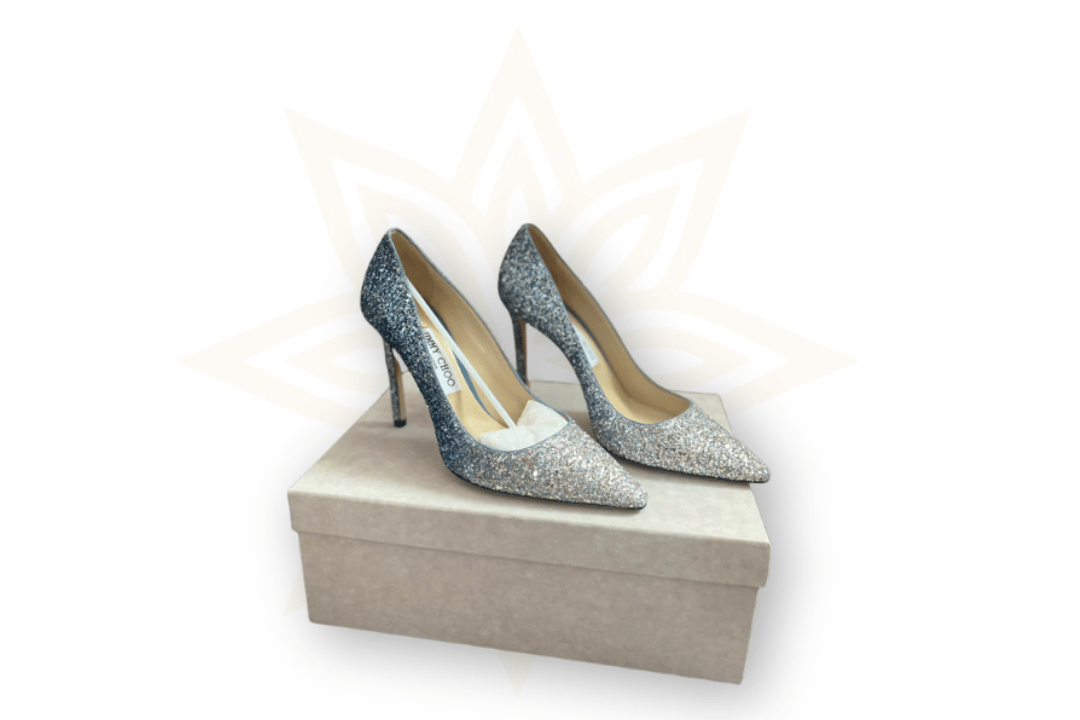 Jimmy Choo Romy 100 Décolleté Glitter Sfumato Blu/Argento - Nuove con Scatola - Etoilux