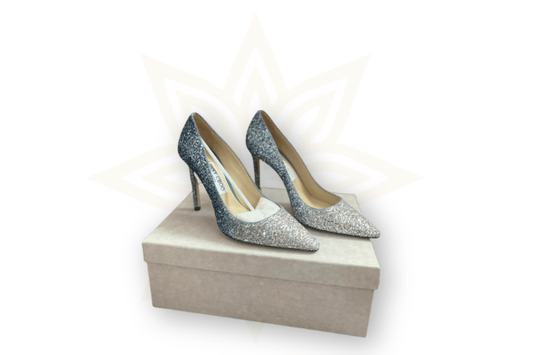 Jimmy Choo Romy 100 Décolleté Glitter Sfumato Blu/Argento - Nuove con Scatola - Etoilux