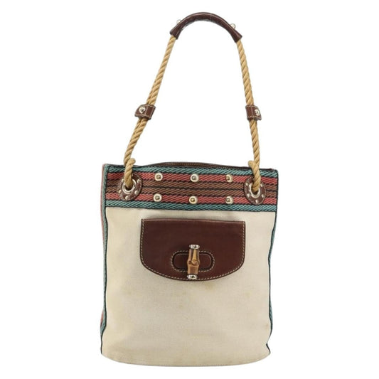 Gucci Vintage Bamboo Bucket Bag Canvas Beige Web Stripe – 23 cm - Etoilux