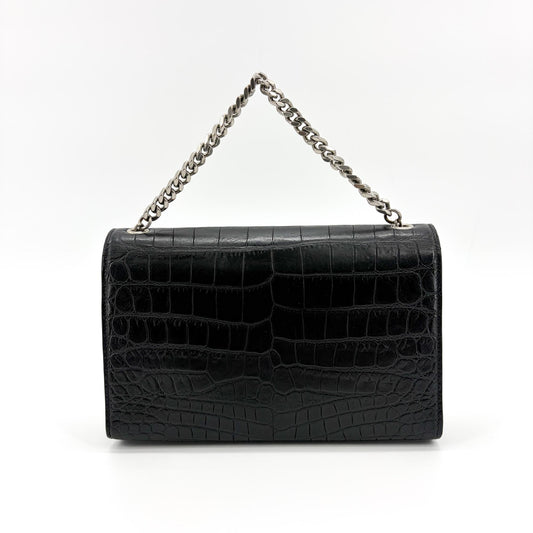 Saint Laurent Kate Medium Croc-Embossed Shoulder Bag Black Silver Hardware - Etoilux