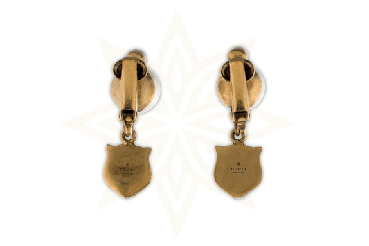 Gucci Orecchini pendenti a clip con testa di felino in perle finte e cristalli - Etoilux