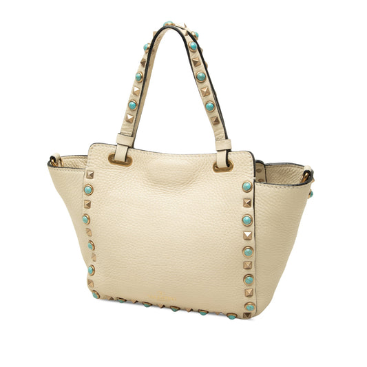 Valentino Garavani Rockstud Rolling Mini Tote – Vitello Martellato Avorio e Cabochon Turchese – 18,5 cm - Etoilux