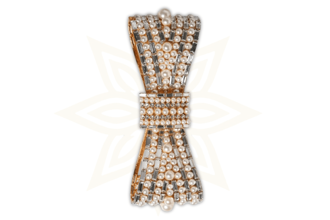 Spilla Dolce & Gabbana con Fiocco in Ottone Dorato, Cristalli e Perle Sintetiche - Etoilux