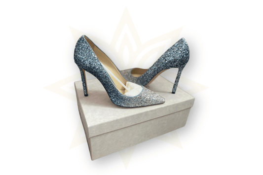 Jimmy Choo Romy 100 Décolleté Glitter Sfumato Blu/Argento - Nuove con Scatola - Etoilux