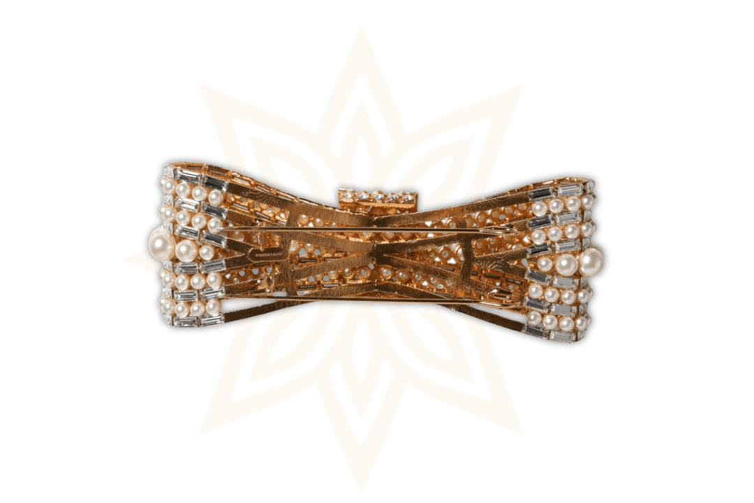 Spilla Dolce & Gabbana con Fiocco in Ottone Dorato, Cristalli e Perle Sintetiche - Etoilux