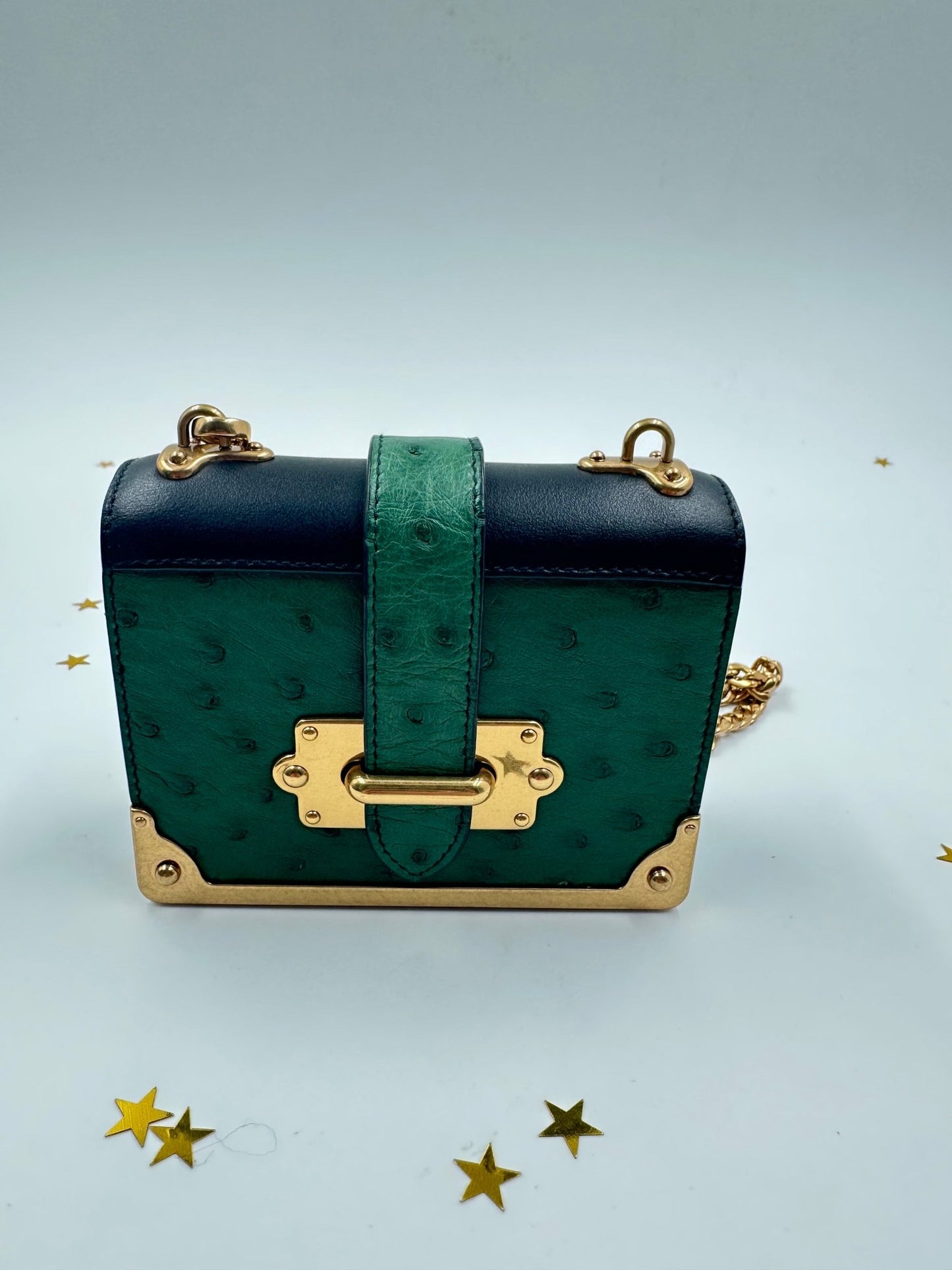 Prada Bandoliera Struzzo Verde & Nero – Full Set, Nuova - Etoilux