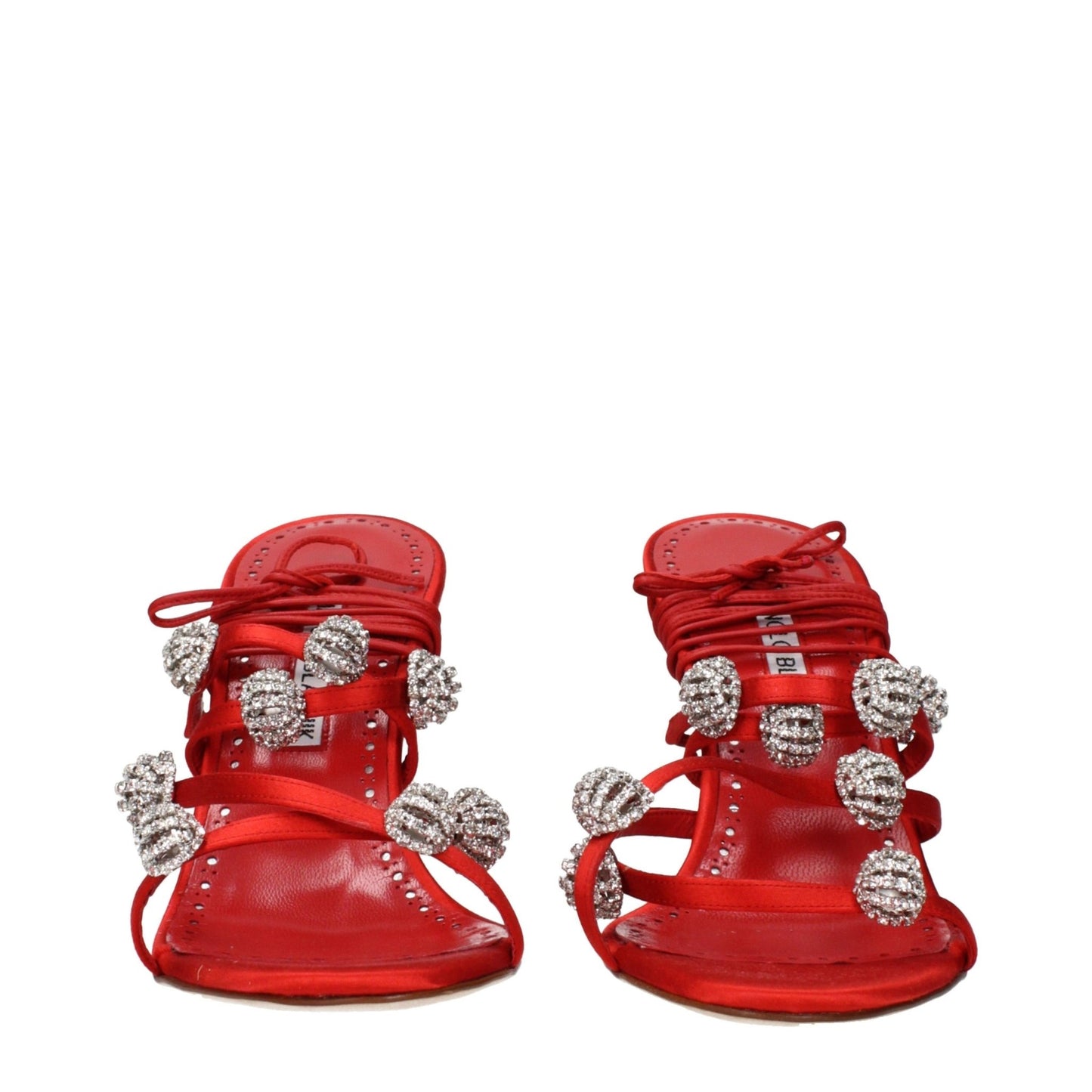 Manolo Blahnik – Sandali gioiello in raso rosso con cristalli – Tacco 9 cm - Etoilux