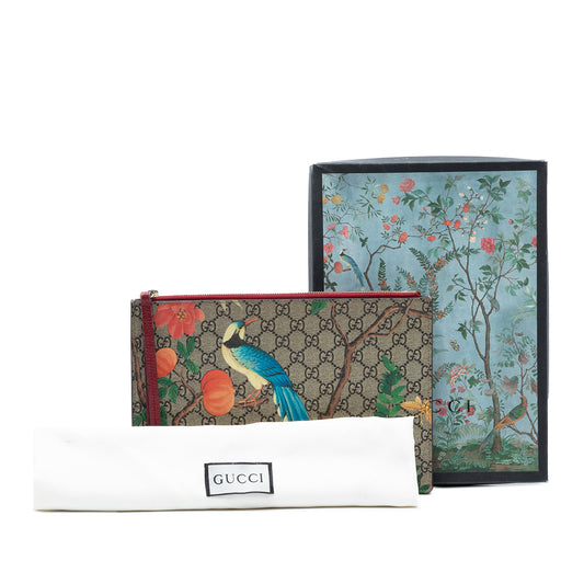 Gucci Tian GG Supreme Pouch in Tela Coated e Pelle Bordeaux