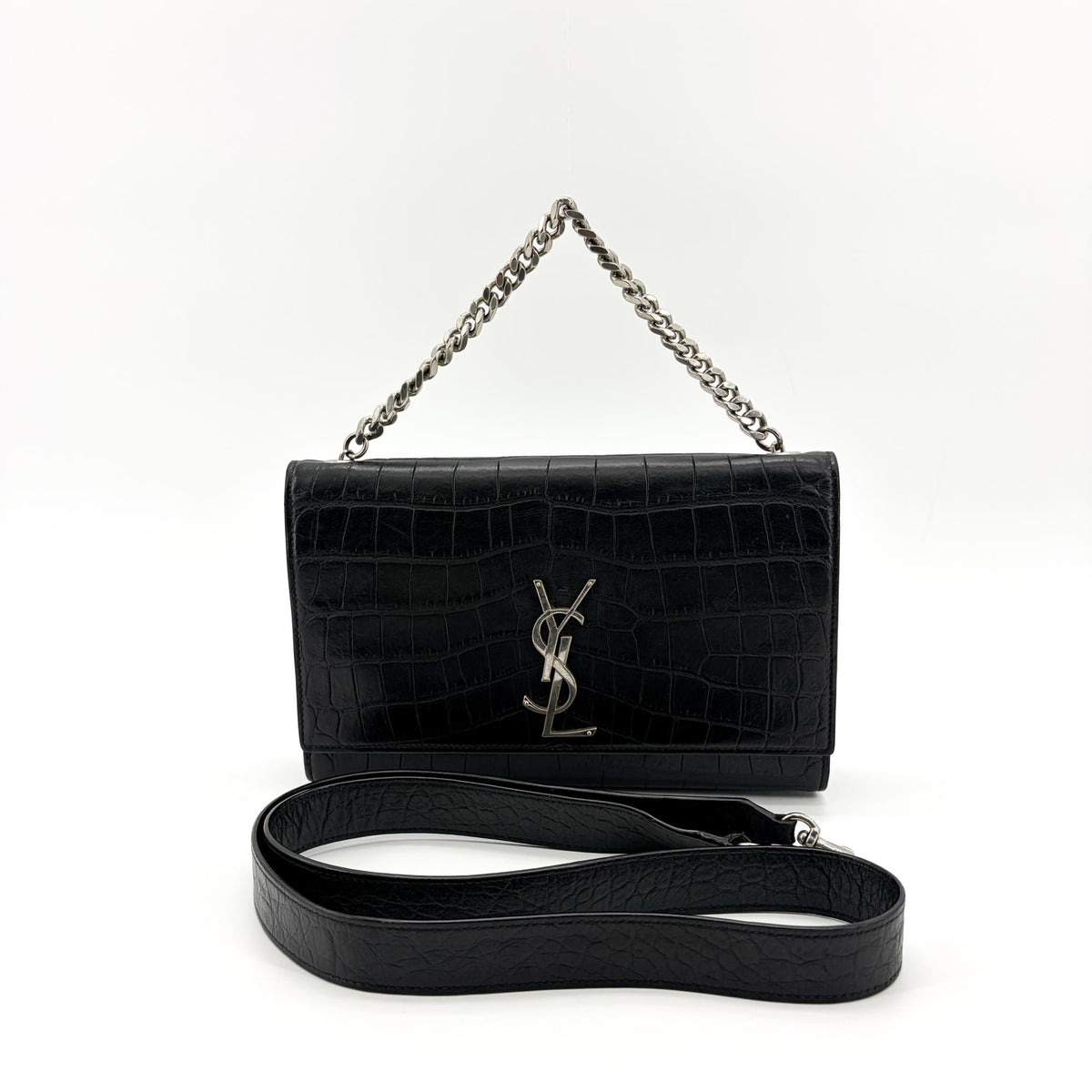 Saint Laurent Kate Medium Croc-Embossed Shoulder Bag Black Silver Hardware