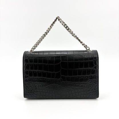 Saint Laurent Kate Medium Croc-Embossed Shoulder Bag Black Silver Hardware