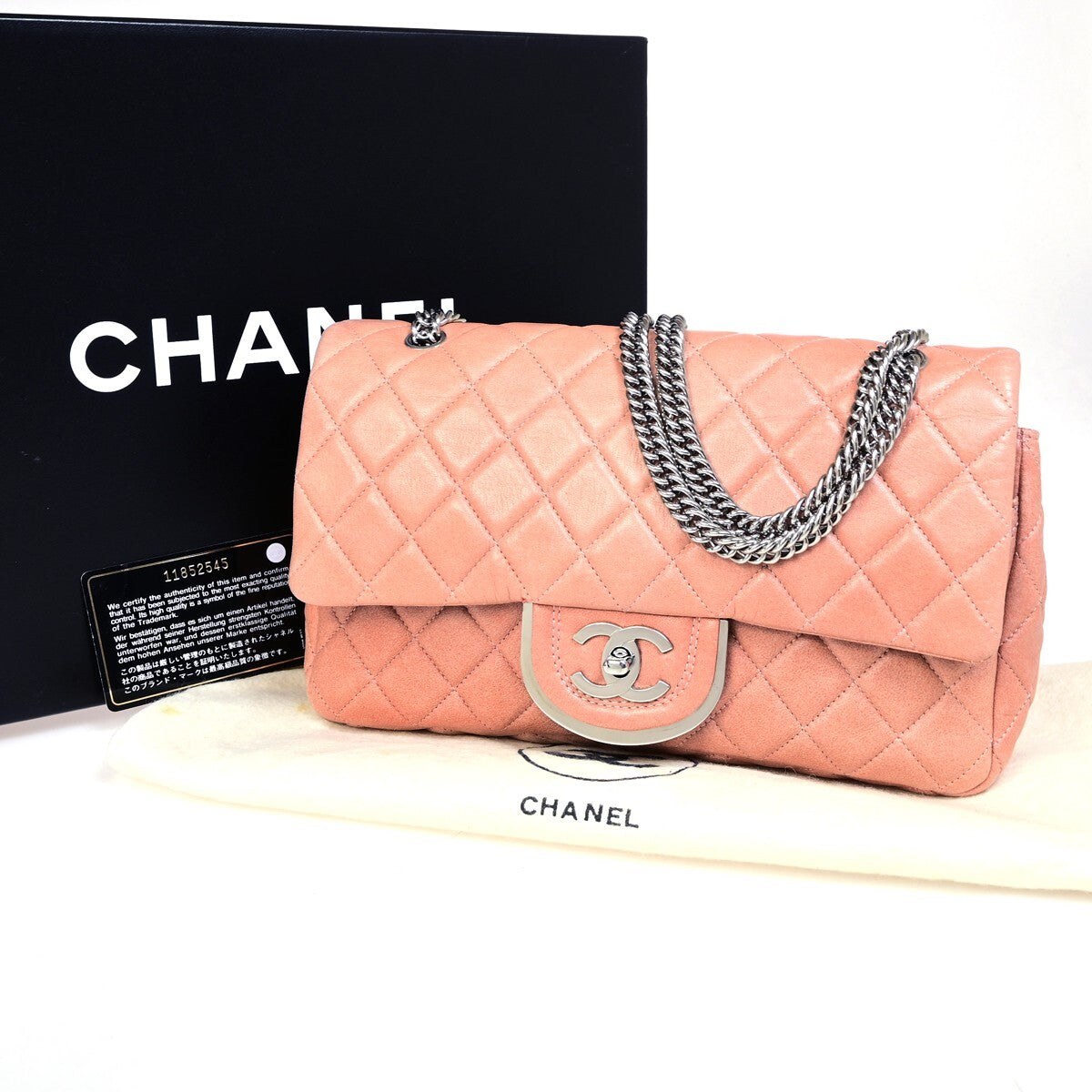 Borsa Chanel Classic Double Flap Medium in pelle rosa con scatola e card di autenticità