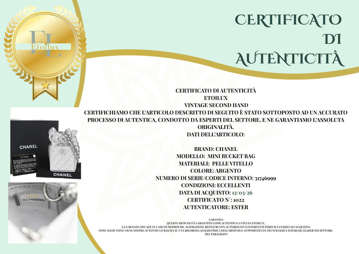 Chanel Mini Bucket Bag Pelle Vitello Trapuntata Argento Metallizzato – 6 cm