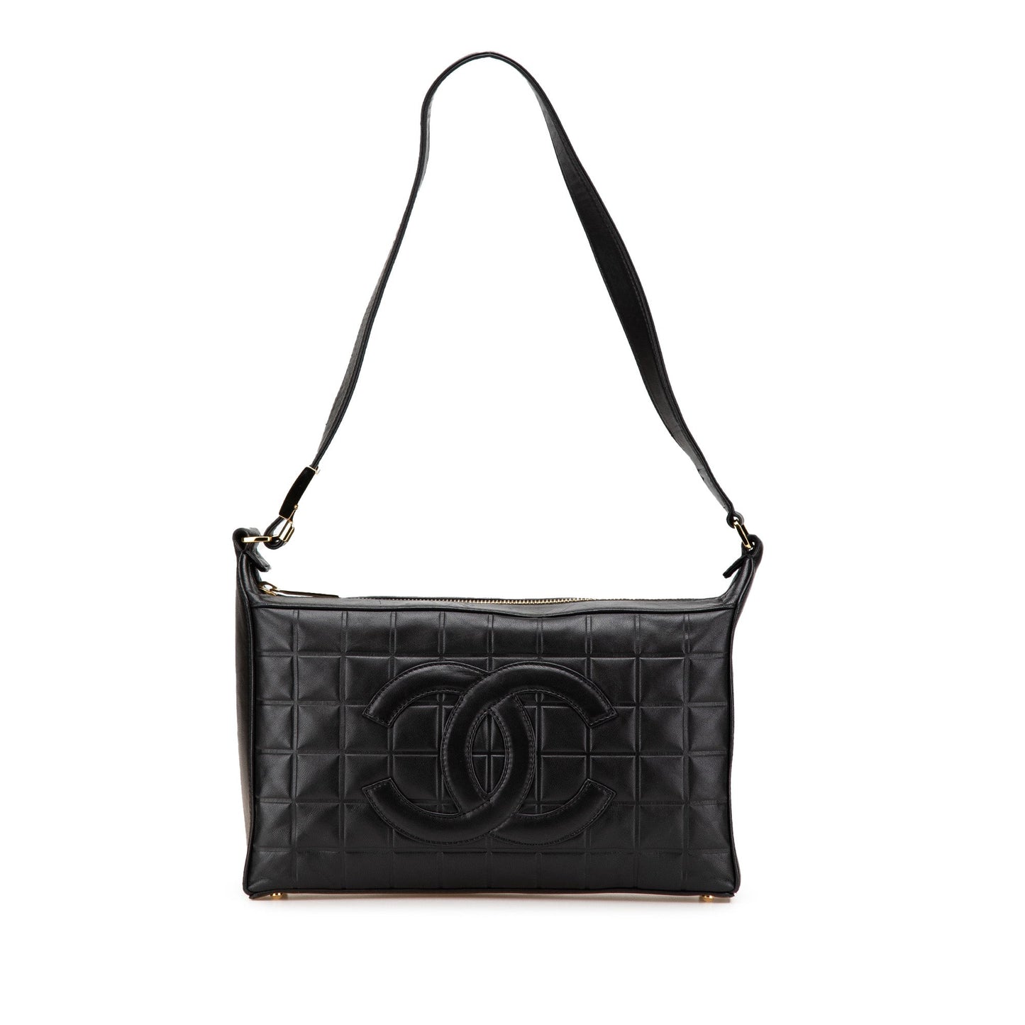 Chanel Chocolate Bar CC Shoulder Bag nera vista frontale con logo CC applicato
