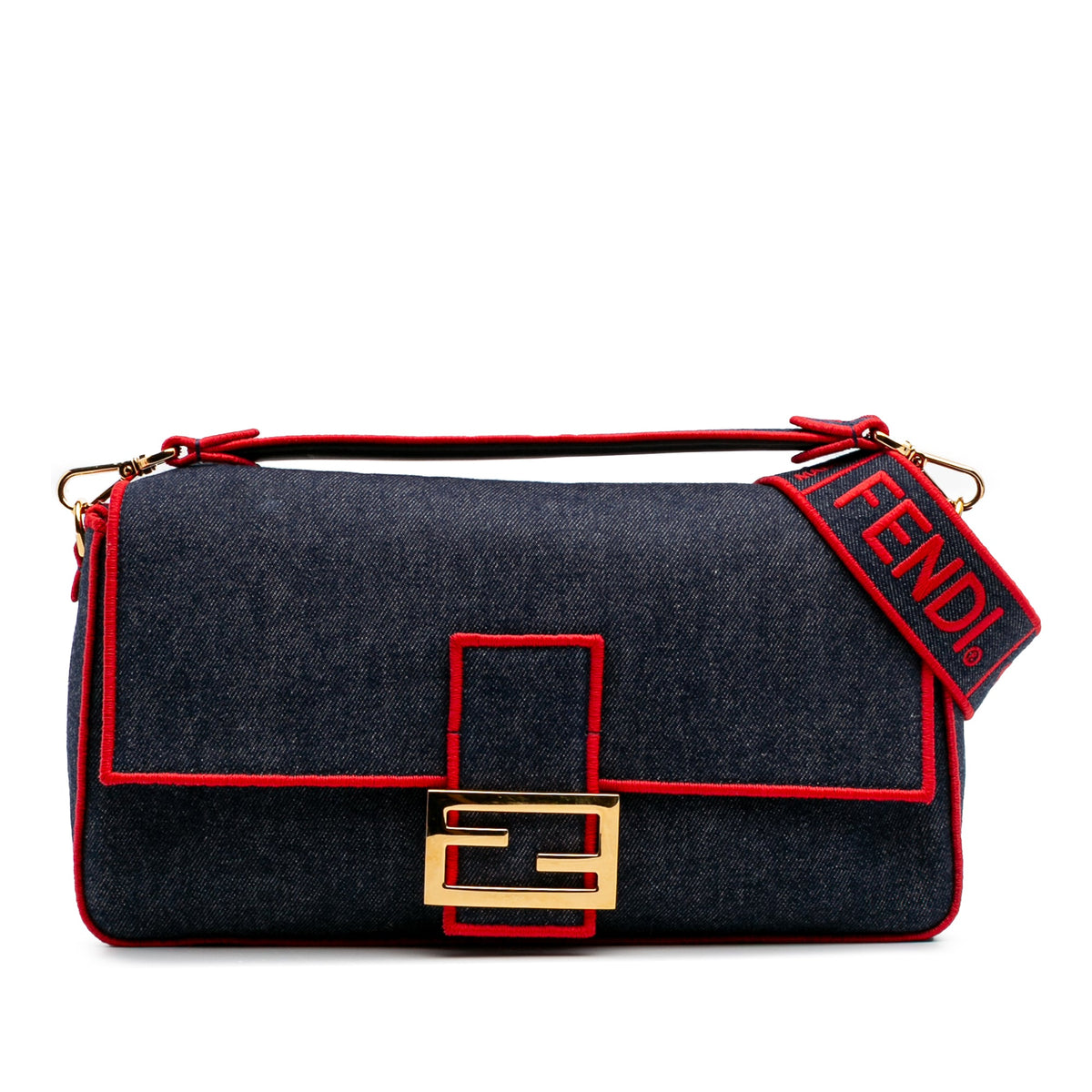 Fendi Baguette Large Denim Ricamo Rosso | Etoilux