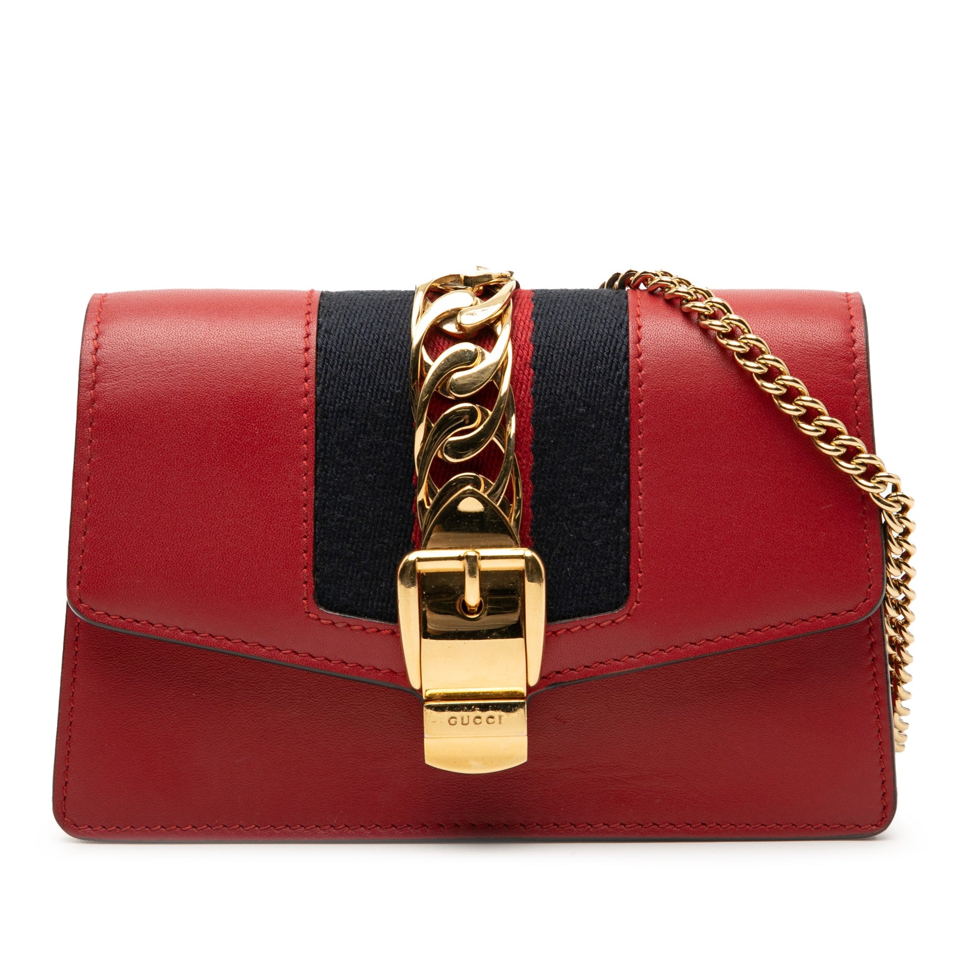 Gucci Sylvie Mini Pelle Rossa Web Stripe Catena Oro — Autentica | Etoilux