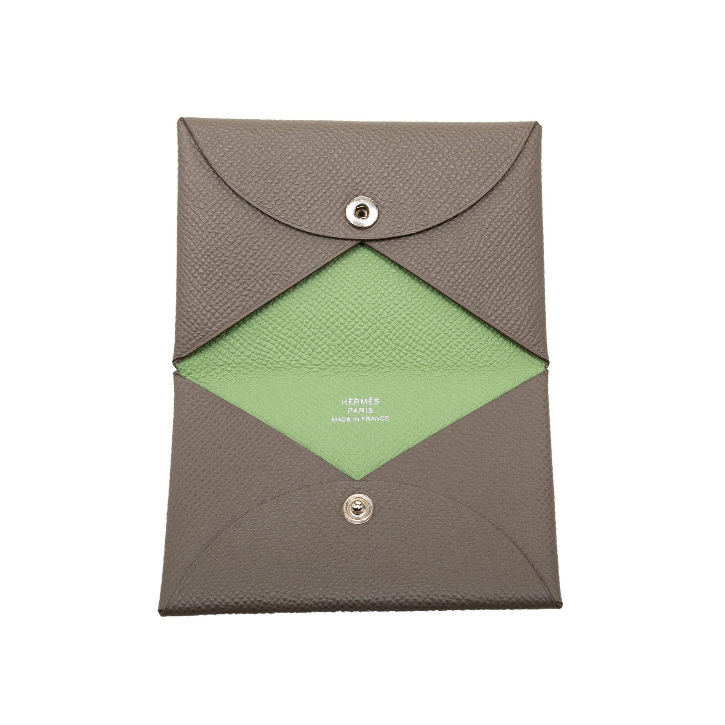 Hermès Calvi Verso Card Holder Pelle Epsom Etoupe / Vert Criquet — Anno Y, 2020 - Etoilux