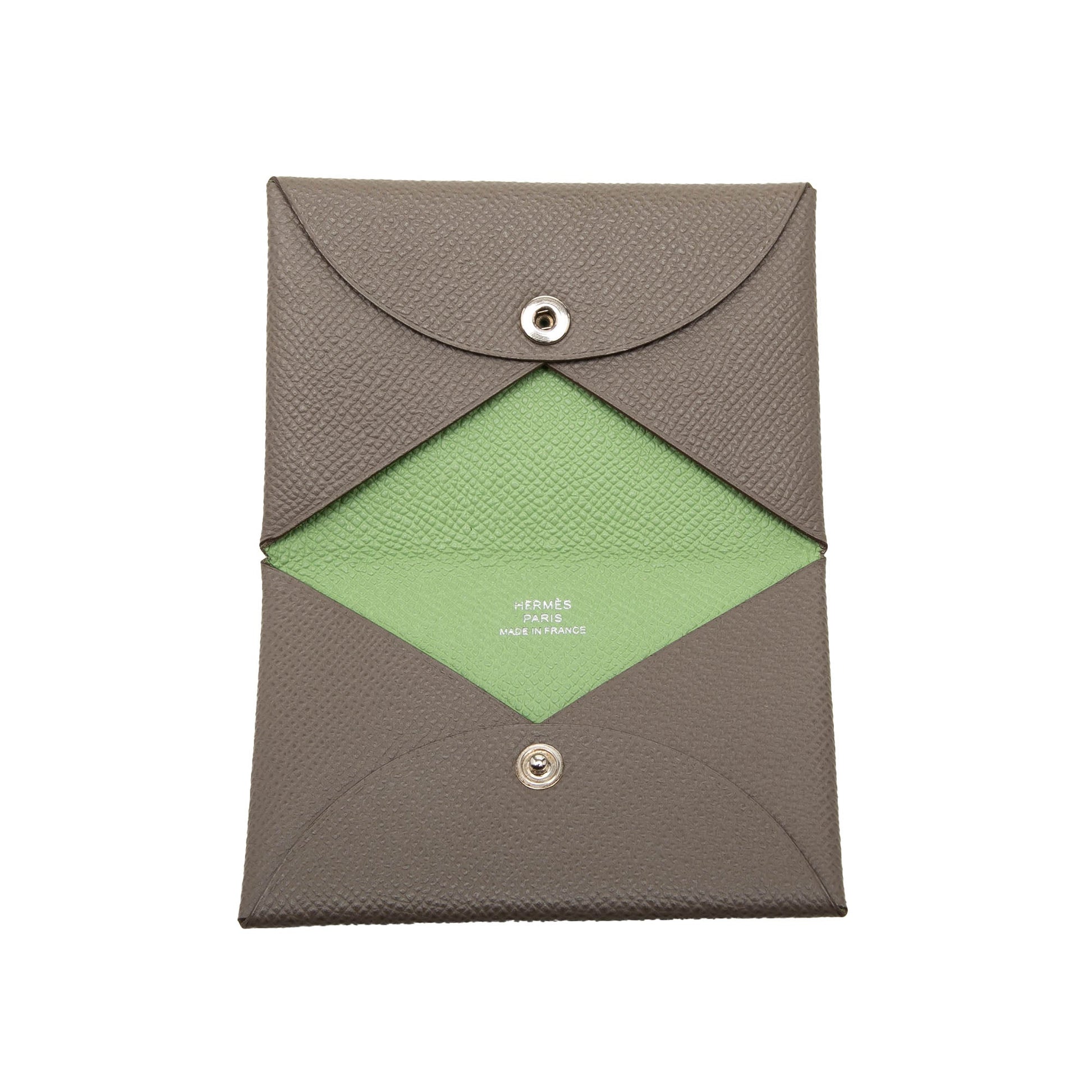 Hermès Calvi Verso Card Holder Pelle Epsom Etoupe / Vert Criquet — Anno Y, 2020 - Etoilux