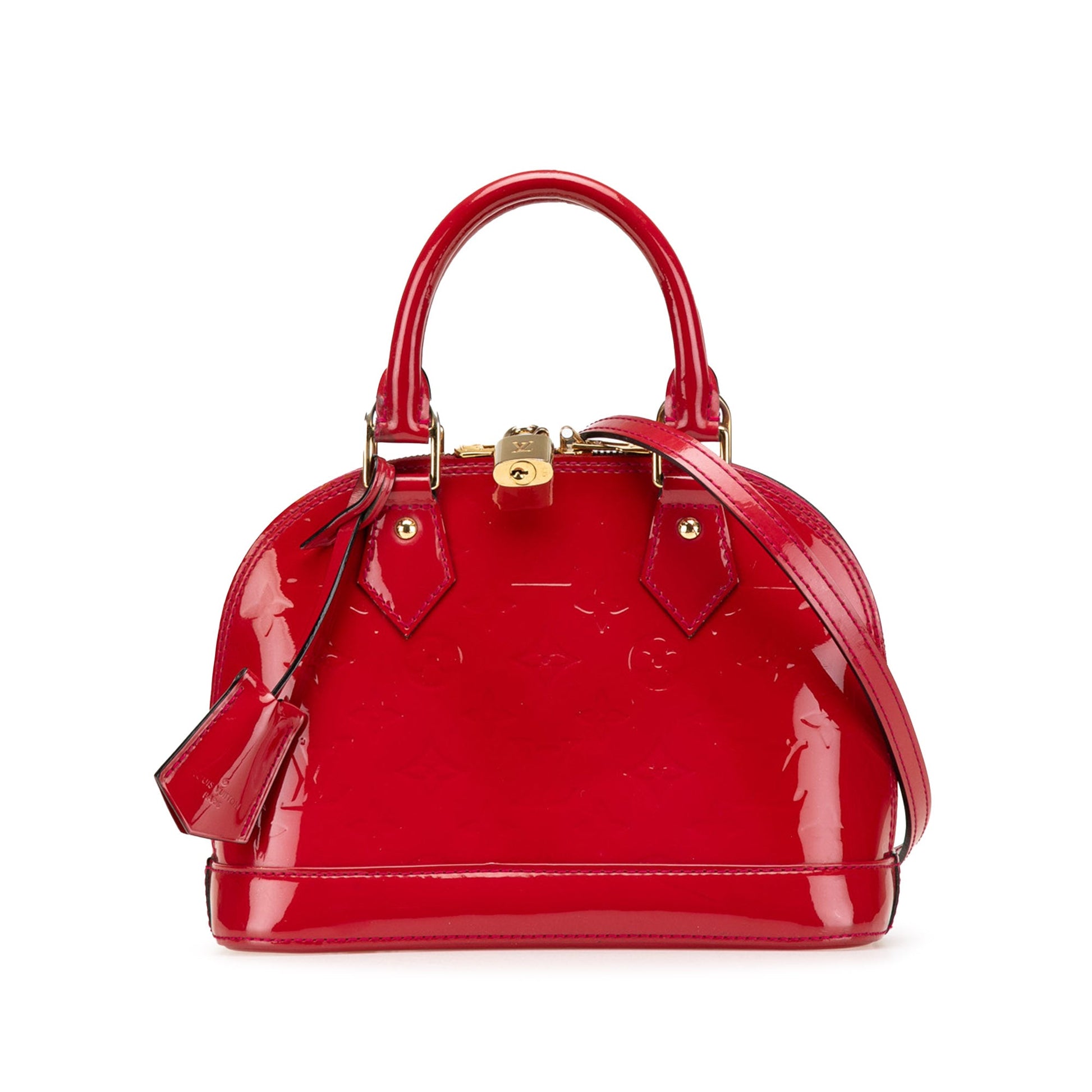 Louis Vuitton Alma BB Vernis Rouge 2015 – dettaglio esterno, interno, hardware, tracolla, logo.