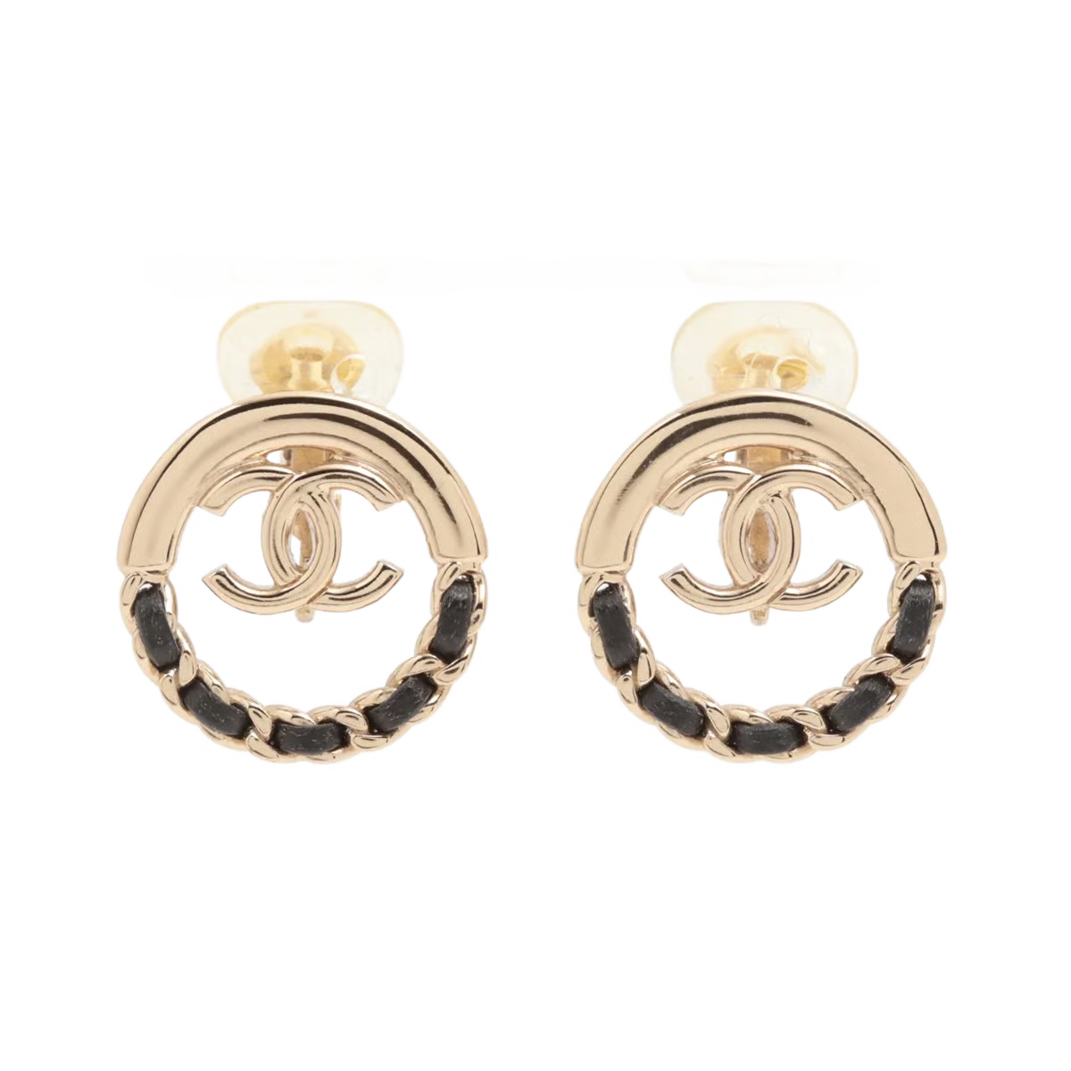  Orecchini Chanel CC Cerchio Chain Dorati e Pelle Nera | Etoilux Vintage