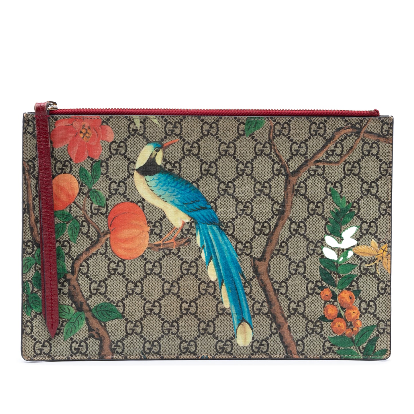 Pochette Gucci Tian GG Supreme in tela marrone con stampa floreale e uccello blu