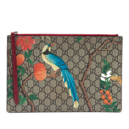 Pochette Gucci Tian GG Supreme in tela marrone con stampa floreale e uccello blu
