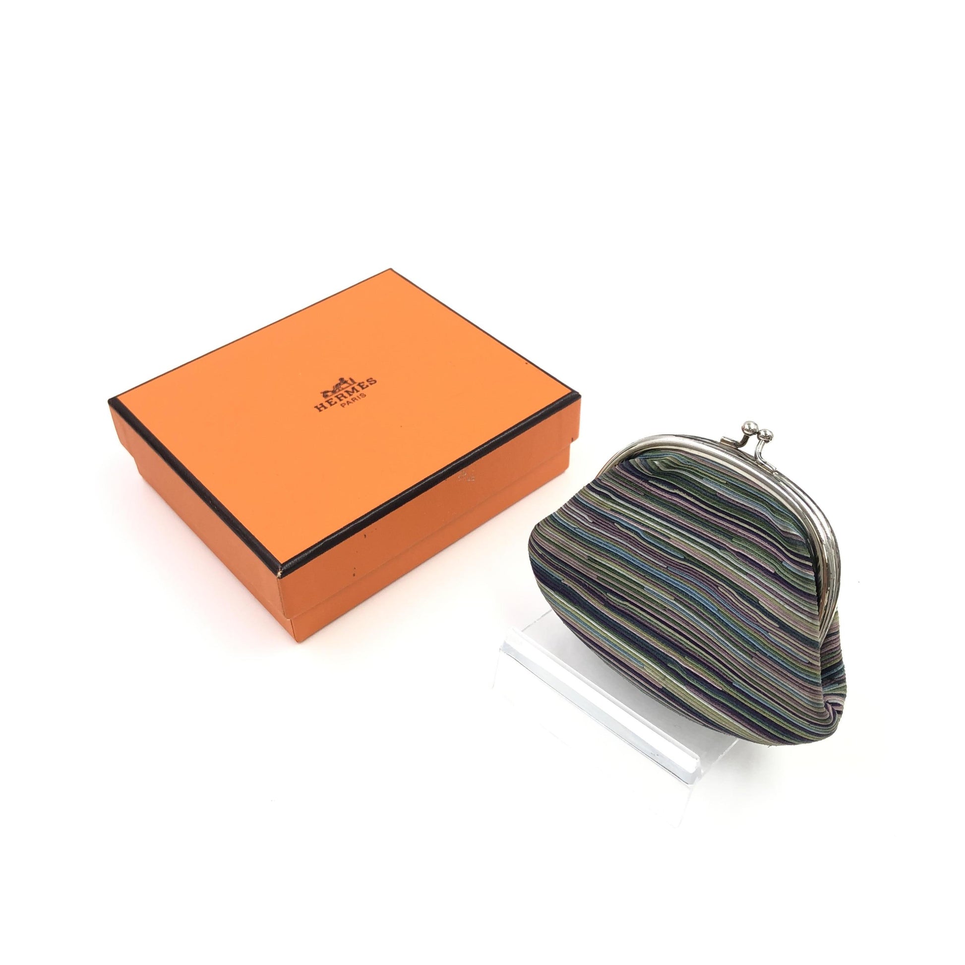 Porta-monete Hermès in pelle Vibrato multicolore a righe con chiusura clic-clac argentata