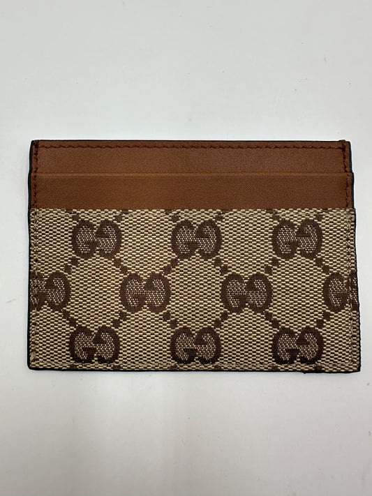 Portacarte Gucci GG canvas beige e pelle cuoio fronte