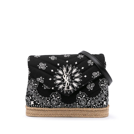 Saint Laurent Loulou Toy Bandana in cotone nero e rafia naturale