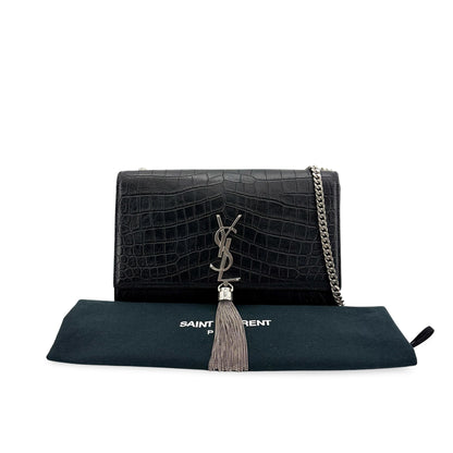 Saint Laurent Medium Kate Tassel Shoulder Bag Crocodile Embossed Black Silver Hardware