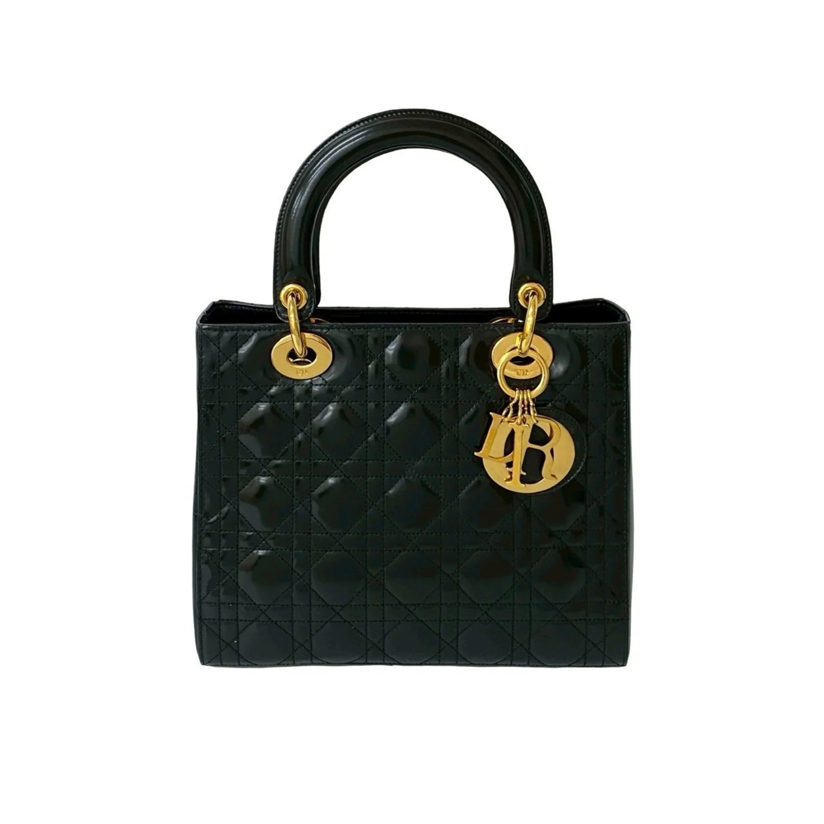 Borsa Lady Dior vernice nera con interno rosso e finiture dorate