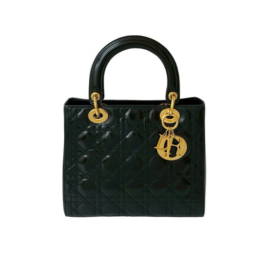 Borsa Lady Dior vernice nera con interno rosso e finiture dorate