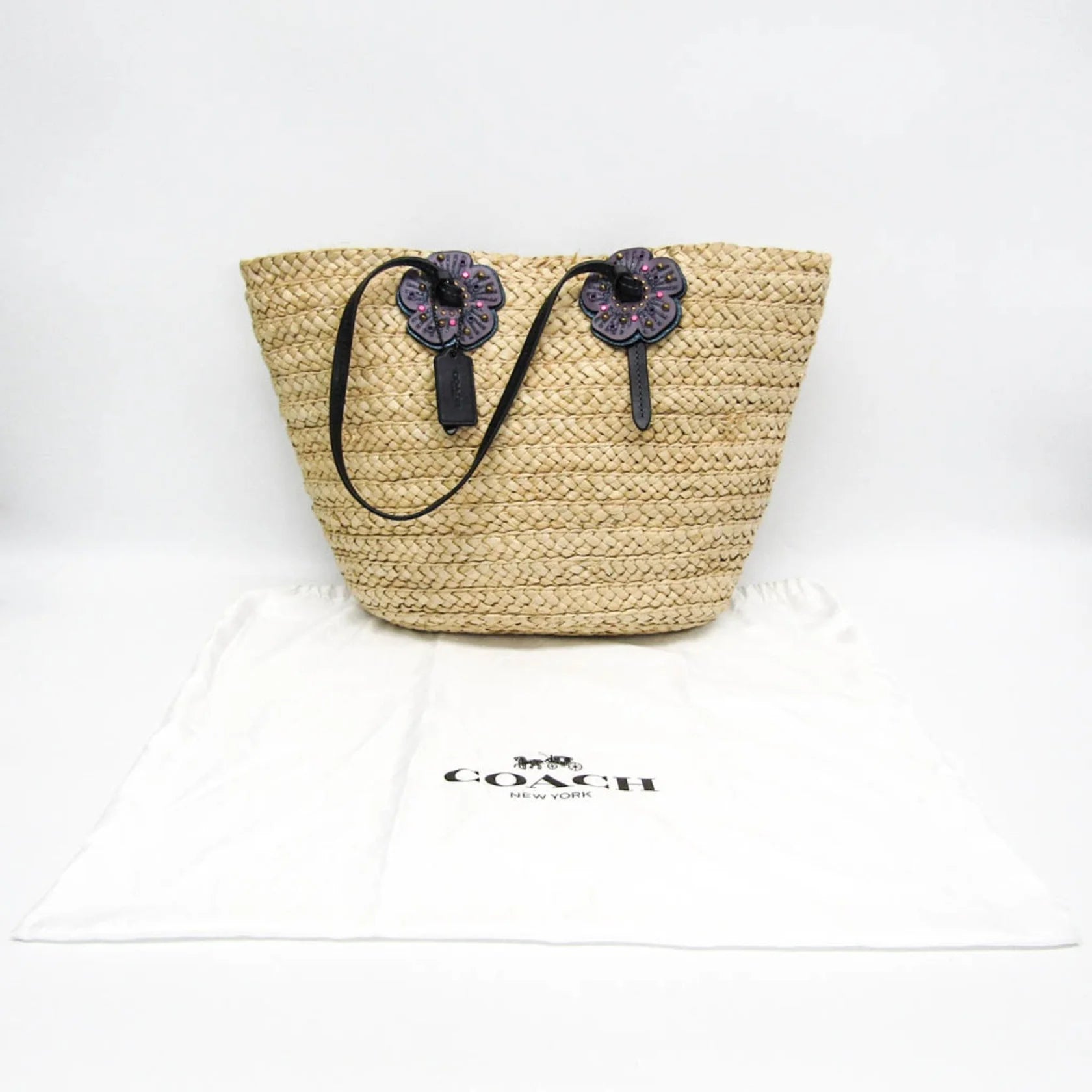 Coach Borsa tote da donna in pelle e paglia intrecciata Coach con motivo Tea Rose, beige e viola - Etoilux