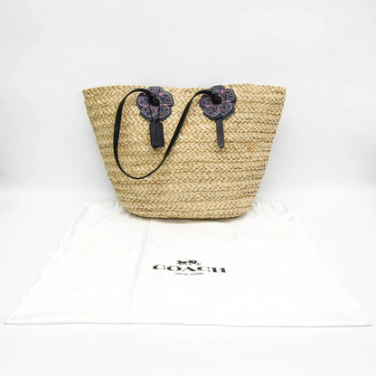 Coach Borsa tote da donna in pelle e paglia intrecciata Coach con motivo Tea Rose, beige e viola - Etoilux