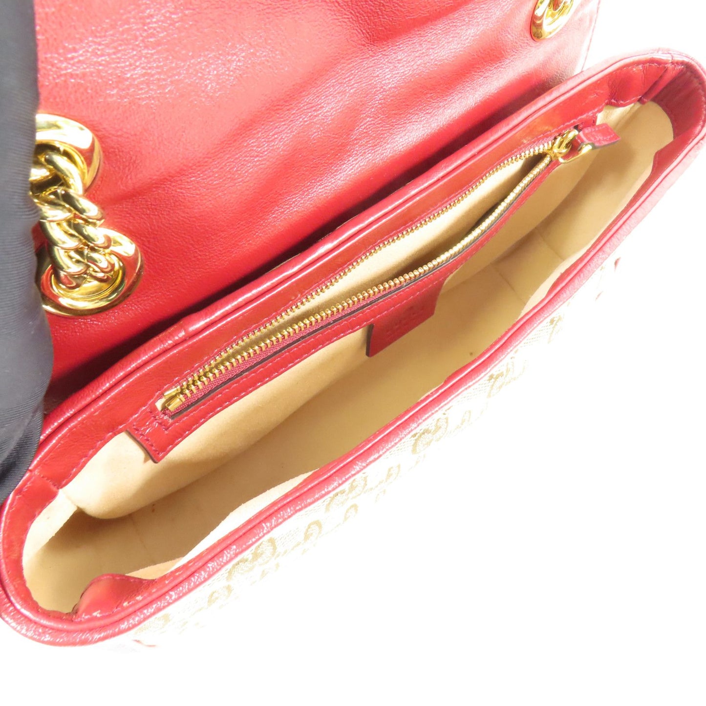 Gucci GG Marmont Small Shoulder Bag – Canvas GG Beige/Rosso con Tracolla a Catena Dorata – 25 cm - Etoilux