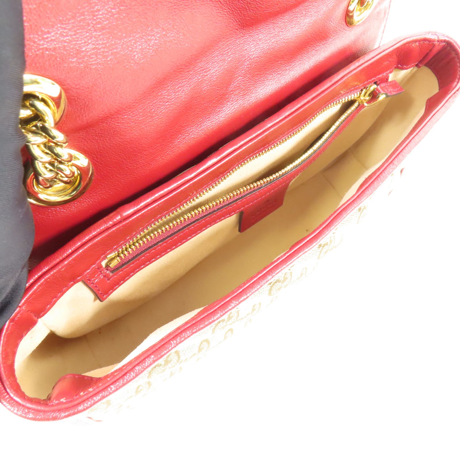 Gucci GG Marmont Small Shoulder Bag – Canvas GG Beige/Rosso con Tracolla a Catena Dorata – 25 cm - Etoilux