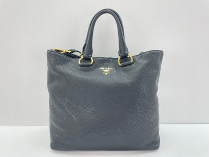 Prada Tote Convertibile Vitello Daino Nera Hardware Oro - Etoilux