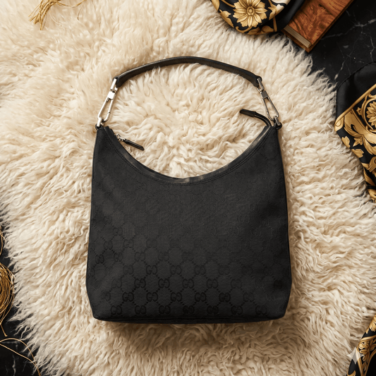 Gucci Vintage Hobo GG Canvas Nera con Manico Hardware Argentato – Misura Media - Etoilux